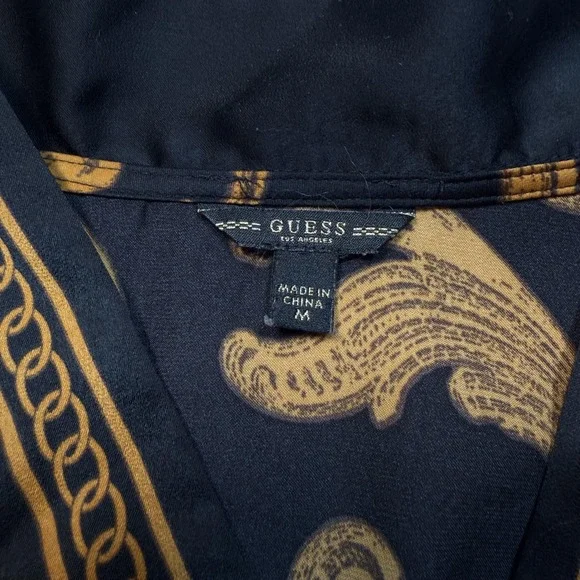 Guess Kimono Blouse Womens Medium Black Gold Baroque Floral Elastic Waist Top - Picture 3 of 5